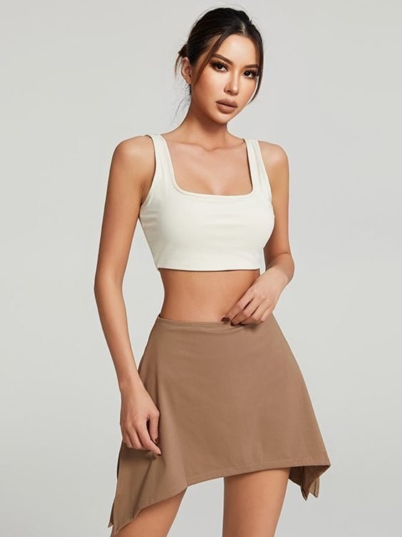 Fashion-Forward 2-Piece Activewear Set: Lined Skirt & Padded Square Neck Top for Working Out, Yoga, & Gym Sessions