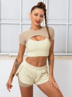 Finesse Womens Trendy Short Sleeve Crop Top & Double-Layered Shorts Yoga Outfit Set - Stylish & Comfortable Activewear
