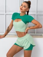 Look and Feel Fabulous in this Trendy Short Sleeve Crop Top & Doubled Shorts Yoga Set - Finesse! Perfect for Yoga, Pilates, and Other Workouts. Be Stylish and Comfy in