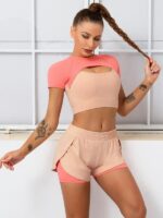Sizzle in Style: Trendy Short Sleeve Crop Top & Double Shorts Yoga Set - Finesse for Flawless Fitness