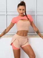 Tantalizing Two-Piece Yoga Outfit - Short Sleeve Crop Top & Doubled Shorts Set for Women - Finesse the Trendy Look!