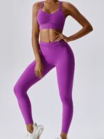 Fold-Over Waistband Leggings & Double Strapped Bra Yoga Set - Sultry Balance & Curvaceous Contours