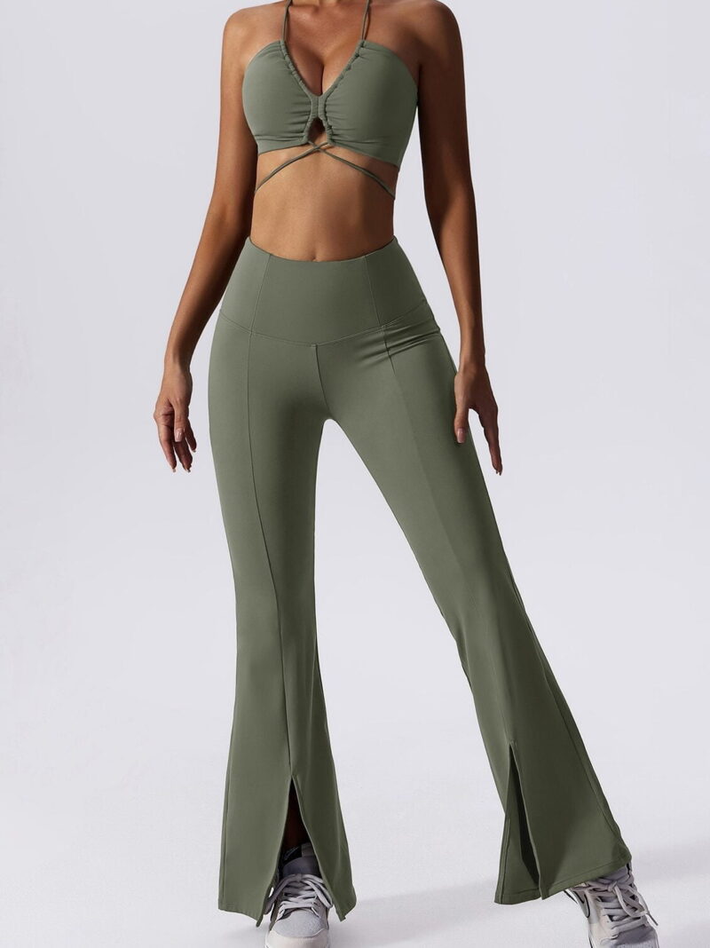 Take your workout look to the next level with this stylish and flattering 2-Piece Yoga Set. Featuring a Sexy Elegance Flared Bottom Pants and Sexy Top, this combination will make you look and feel your best during your next yoga