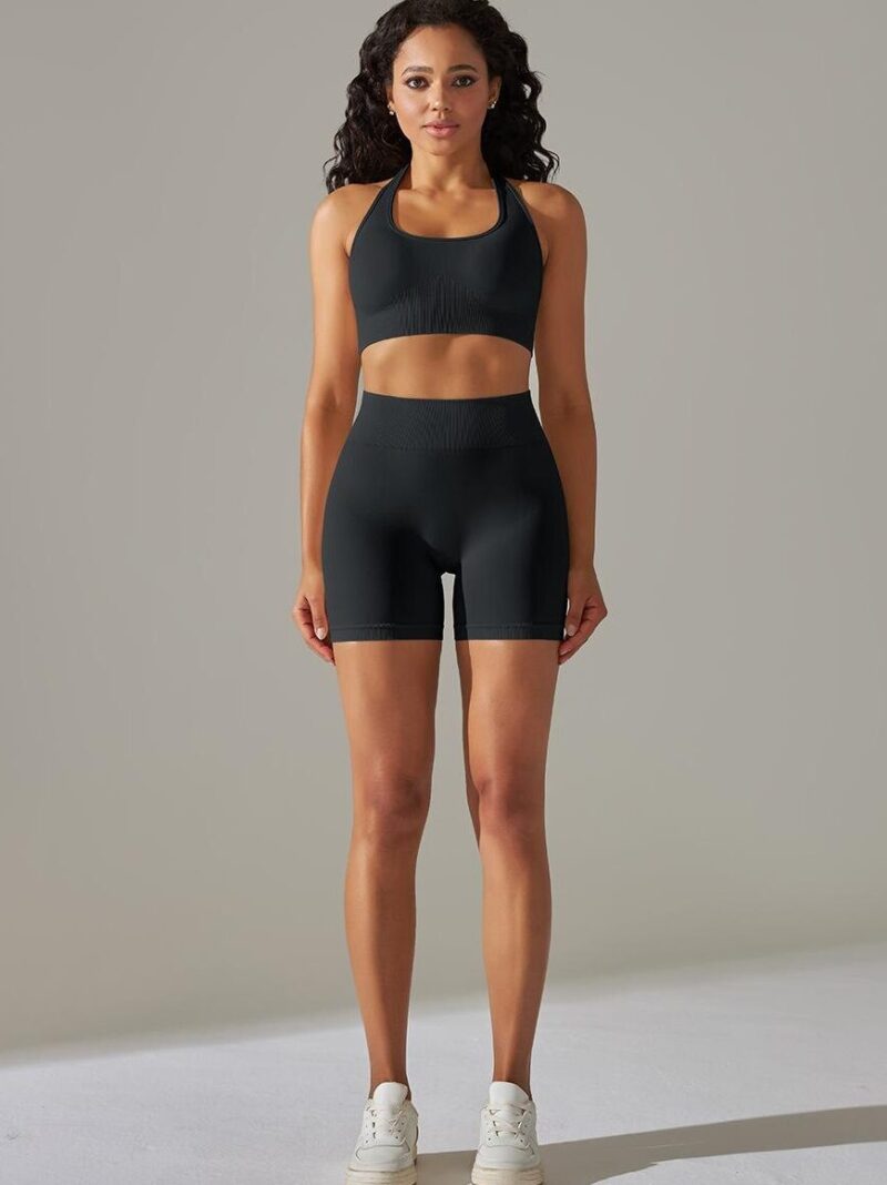 Athletic Apparel Set: Halter Sports Bra & High Waisted Shorts for Breathable Comfort and Style.