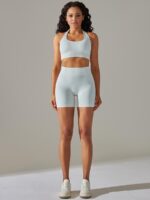 Athletic Bliss: Halter Sports Bra & High Waisted Shorts Set with Breathable Comfort for Maximum Performance