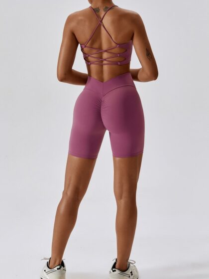 Athletic Wear Combo: Backless Spaghetti Strap Sports Bra and V-Waist Scrunchy Booty Shorts for Women