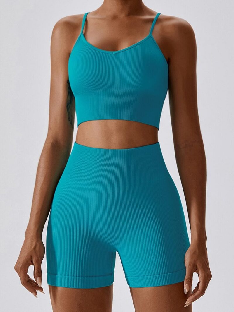 Athletic & Alluring Seamless Ribbed Sports Bra & High-Waisted Shorts Set - Perfect for Working Out & Lounging!