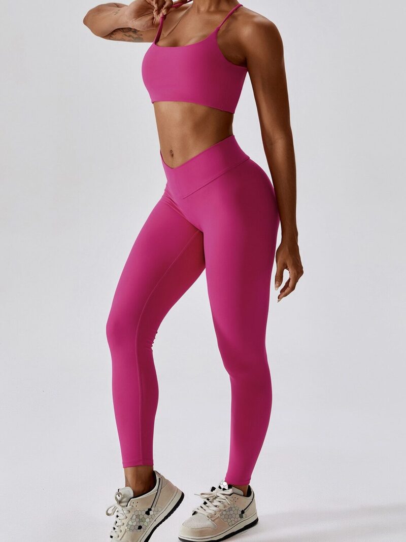 Be Ready to Show Off Your Curves in Our Sexy Backless Spaghetti Strap Sports Bra and Flattering V-Waist Scrunch Butt Leggings!