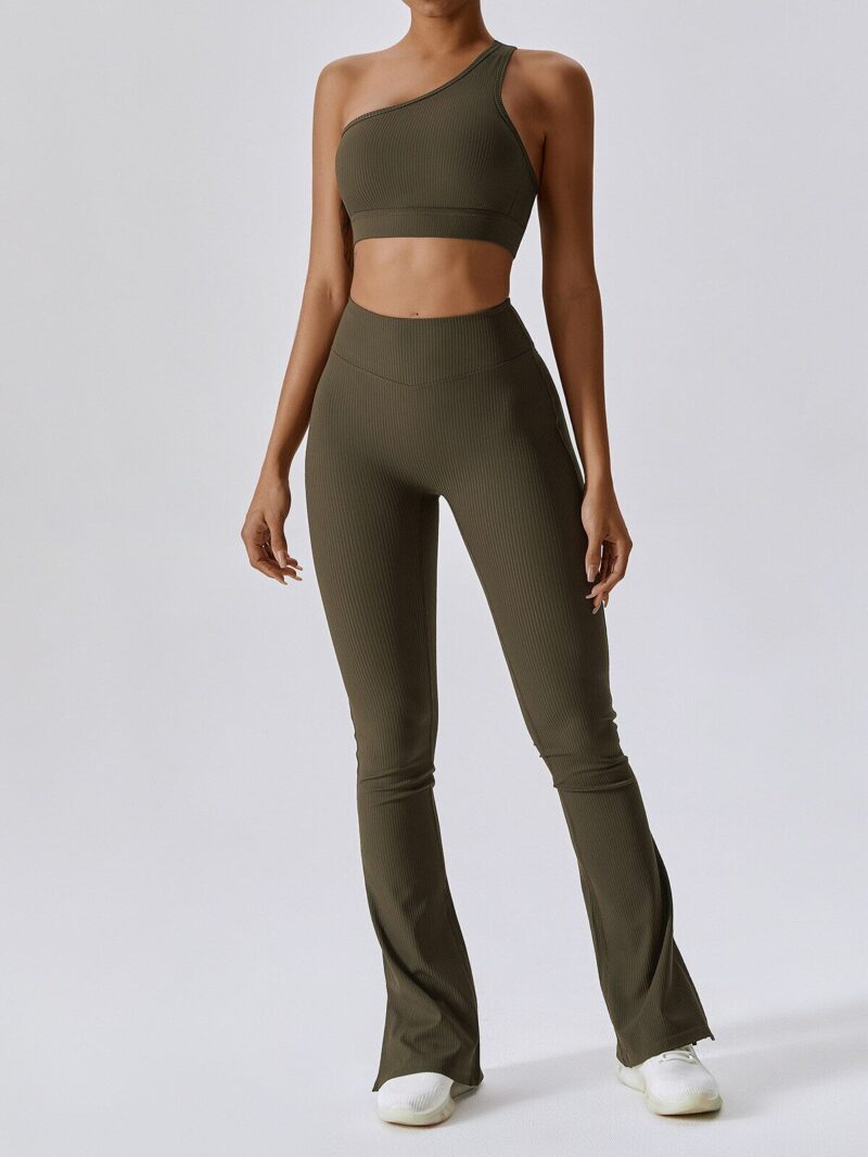 Be a Total Knockout in this Ribbed One-Shoulder Sports Bra & Flattering High-Waisted Flared Bottom Pants Set!