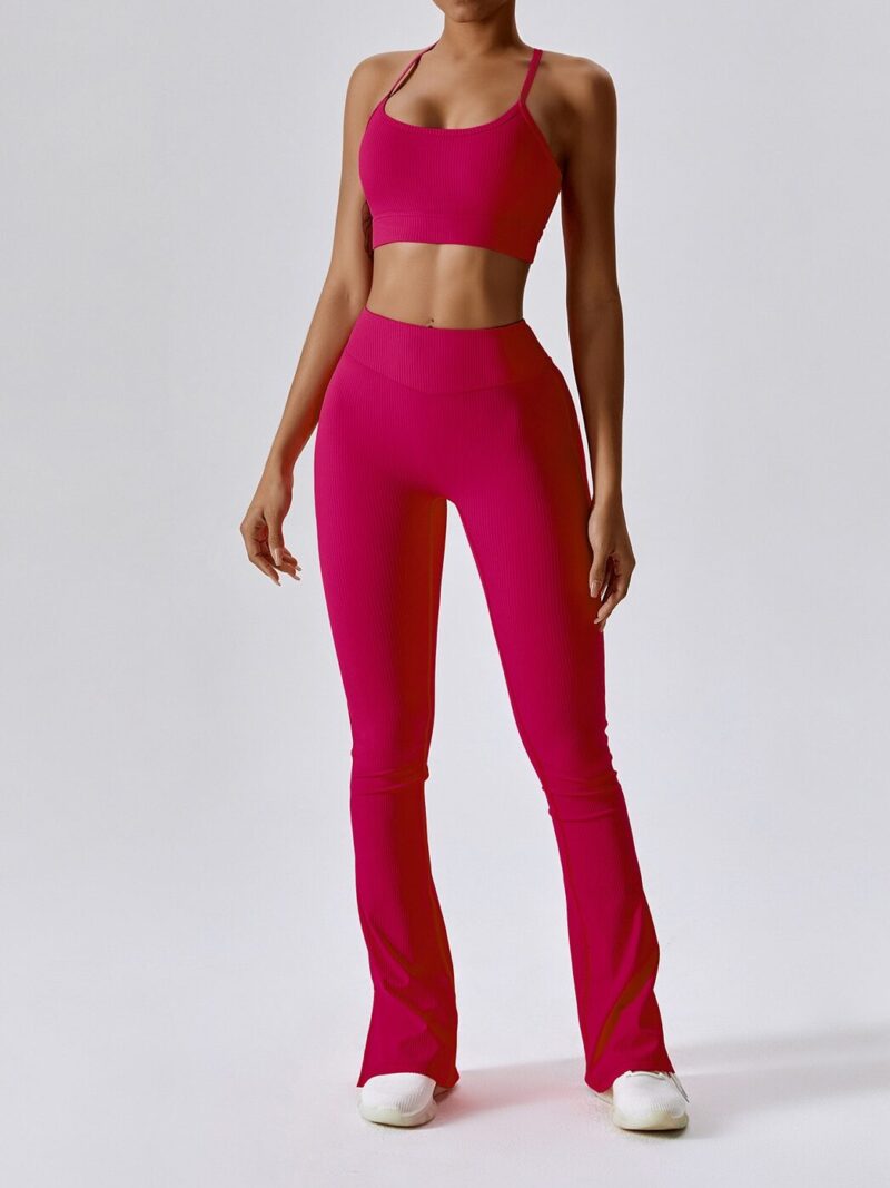 Elegant Ribbed Spaghetti Strap Sports Bra and High-Waisted Flared Bottom Trousers