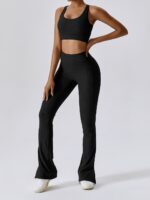 Elevate Your Workout with a Ribbed Backless Strappy Sports Bra and High-Waisted Flared Bottom Pants Set