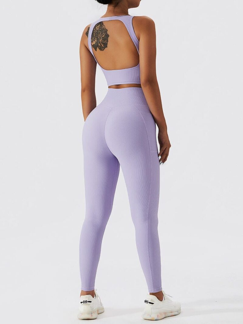 Fashion-Forward Ribbed Open-Back Crop Top & High-Waisted Pocket Leggings Set for the Trendy Woman