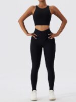 Fashionably Flattering Open-Back Ribbed Crop Top & High-Waist Pocket Leggings Set - Perfect for Any Occasion!
