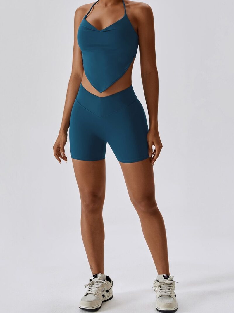 Feel Confident and Comfortable in this Stylish Adjustable Halter Neck Sports Bra and V-Shaped High Waist Shorts Set - Perfect for Yoga, Running, and Other Active Pursuits!