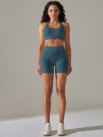 Feel Cool & Confident in this Halter Sports Bra & High Waisted Shorts Set! Breathable Comfort for Women of All Sizes.