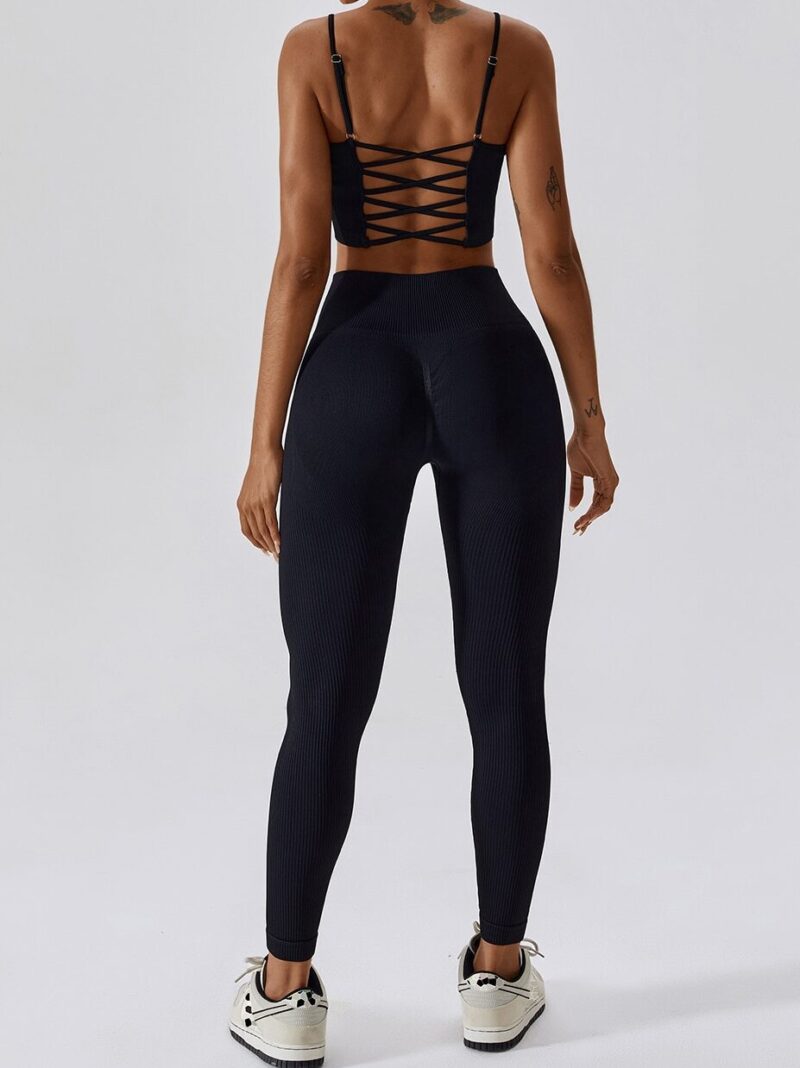Feel the Comfort of a Seamless Ribbed Sports Bra & High-Waisted Shorts Set - Perfect for Working Out or Lounging Around