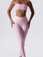 Flaunt Your Curves in This Sexy Strapless Sports Bra & Push Up Elastic High-Waist Leggings Set - Perfect for Working Out and Showing Off!