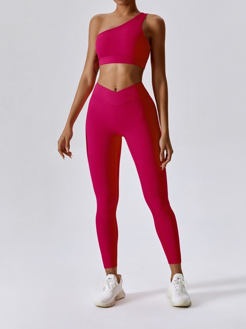 High-Performance Womens Ribbed One-Shoulder Sports Bra & Elastic V-Waist Leggings Set - Get Ready to Push Your Limits!