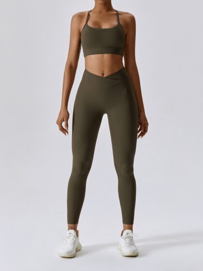 Hot & Stylish Ribbed Spaghetti Strap Sports Bra & Elastic V-Waist Leggings Set - Perfect for Working Out or Lounging Around!