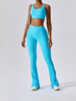 Look Sexy & Sporty: Ribbed Backless Strappy Sports Bra & High-Waisted Flared Bottom Pants - Perfect for Working Out or Lounging!