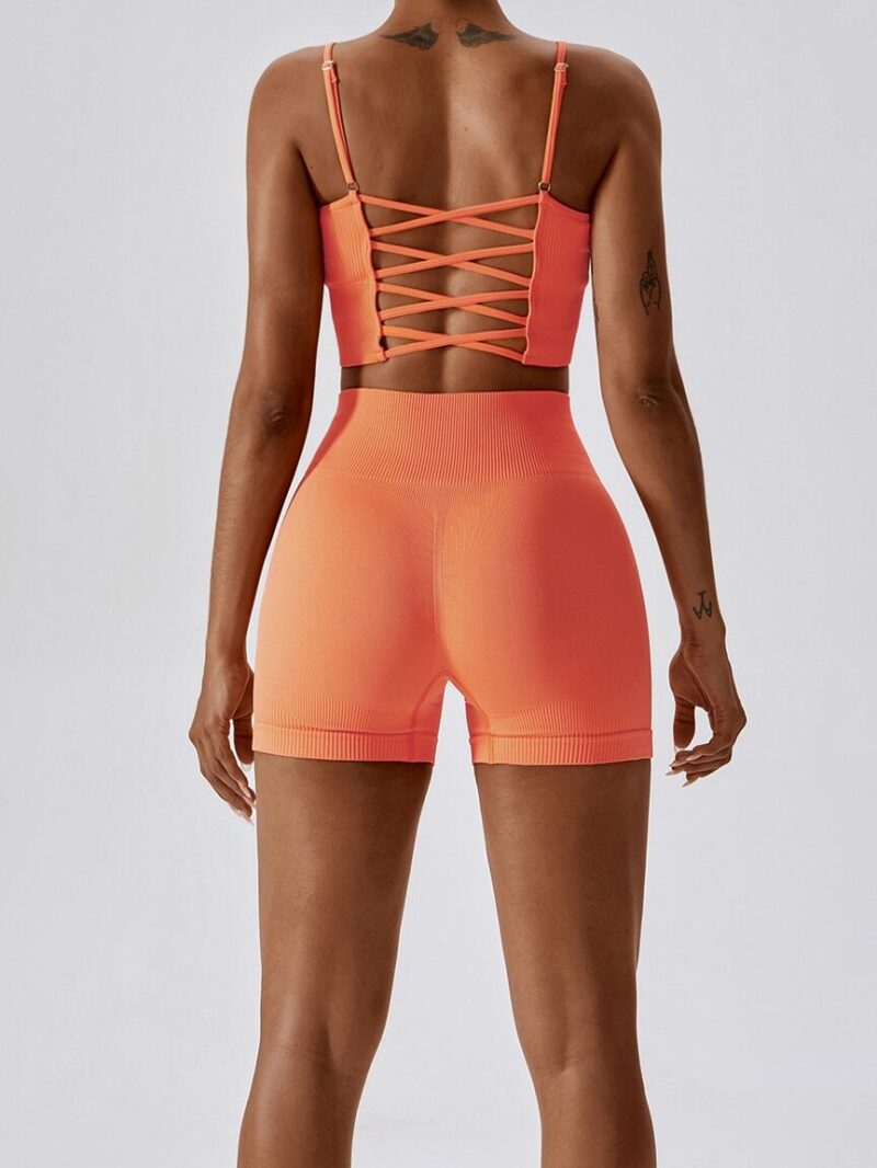 Look and Feel Your Best in this Seamless Ribbed Sports Bra & High-Waisted Shorts Set - Perfect for Any Workout!