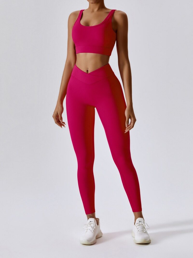 Look and Feel Your Best with Our Sexy Ribbed Backless Strappy Sports Bra & Elastic V-Waist Leggings Set – Perfect for Working Out or Lounging!