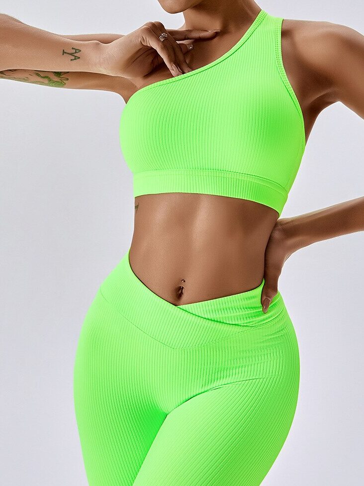 Luxurious Ribbed One-Shoulder Sports Bra & Elastic V-Waist Leggings Set - Comfort & Style for Your Active Lifestyle!
