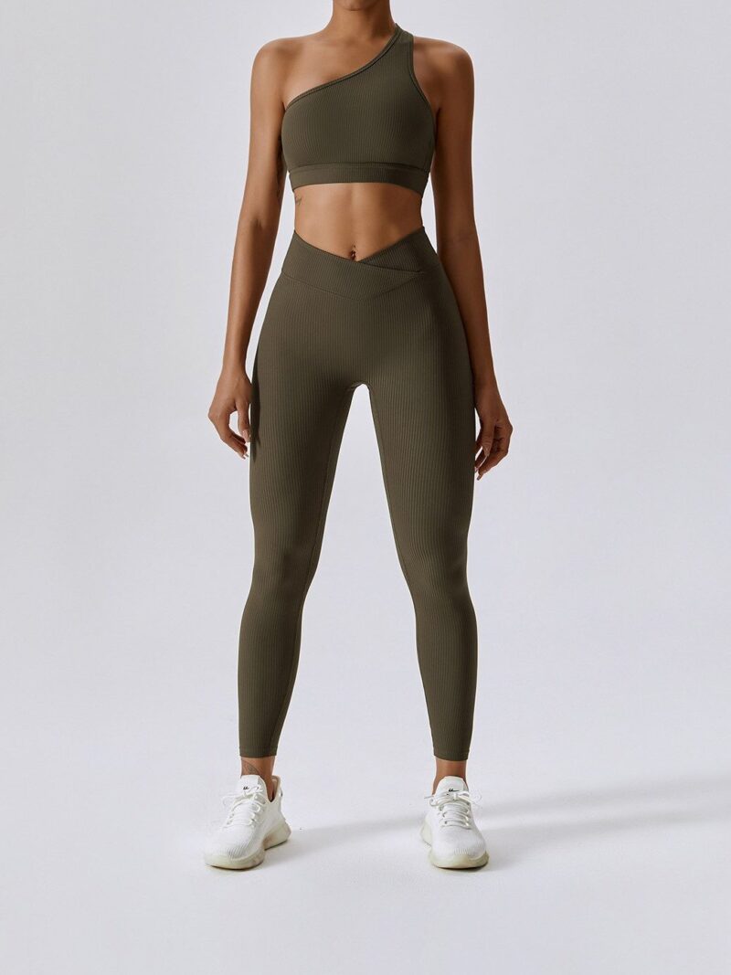 Luxurious Ribbed One-Shoulder Sports Bra & Sexy Elastic V-Waist Leggings Set - Perfect for Working Out in Style!
