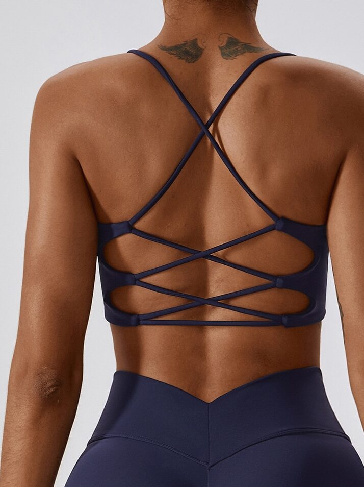 Meet the Ultimate in Comfort and Style: Elegant Backless Spaghetti Strap Sports Bra - Perfect for Working Out or Lounging Around.