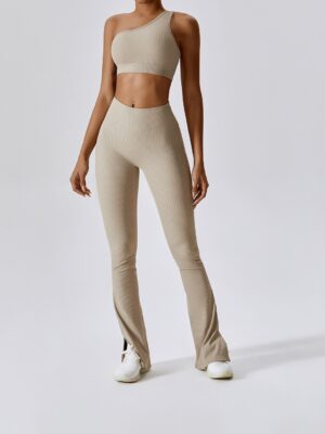 Racy Ribbed One-Shoulder Sports Bra & Flirty High-Waisted Flared Bottom Pants - Perfect for Working Out & Turning Heads!