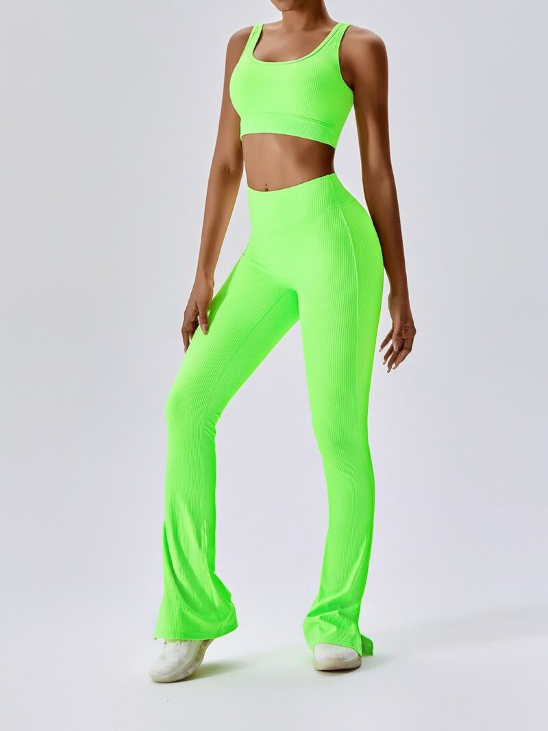 Ribbed Backless Strappy Sports Bra & High-Waisted Flared Bottom Pants