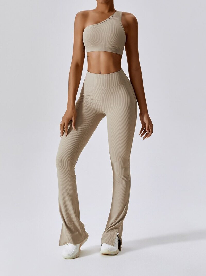 Ribbed One-Shoulder Athletic Bra & High-Rise Flared Leg Trousers - For a Flattering & Supportive Workout Look!