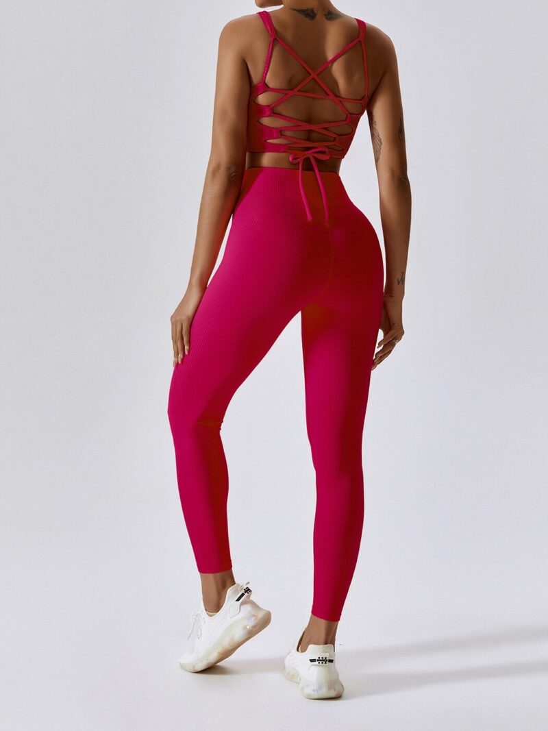 Sassy Sporty Style: Ribbed Backless Strappy Sports Bra & Elastic V-Waist Leggings Set - Perfect for Yoga, Running, & More!