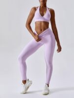 Sensual Double Strap Halter Neck Bra & V-Waist Leggings with Pockets Set - Comfortably Stylish and Flattering Activewear