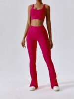Sensual Ribbed Backless Strappy Sports Bra & Flared Bottom High-Waisted Pants - Perfect for Yoga, Dancing, or Lounging!