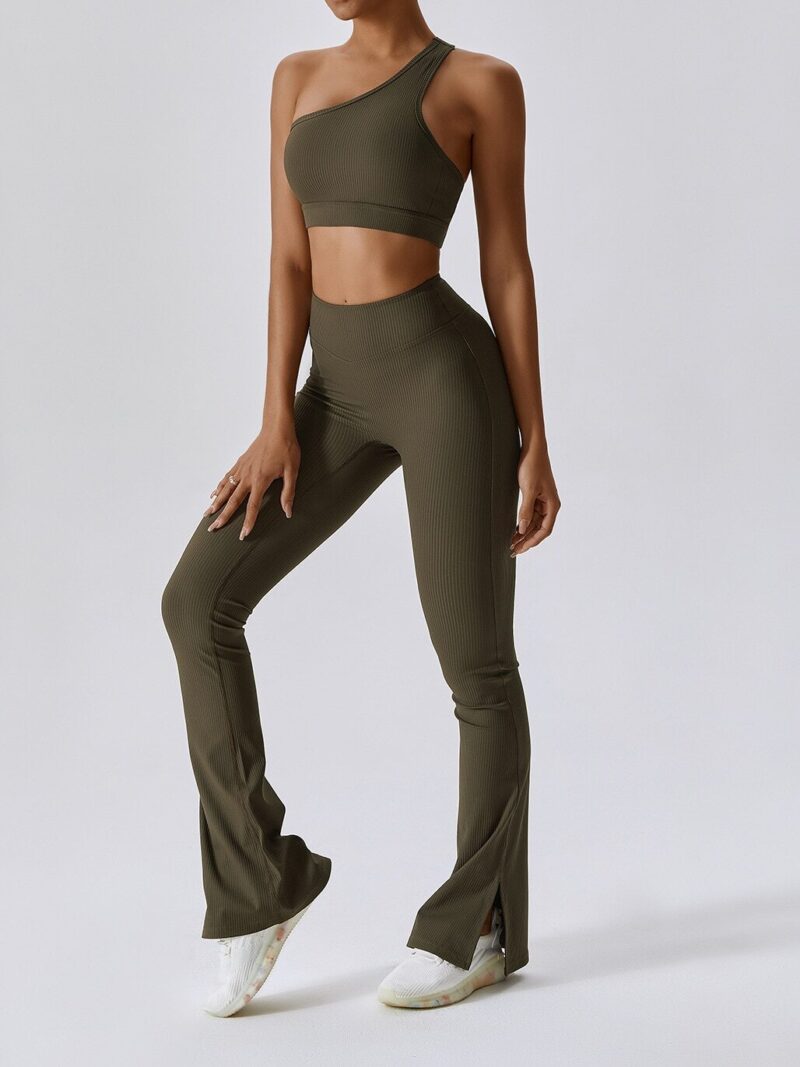 Sensual Ribbed One-Shoulder Sports Bra & Flattering High-Waisted Flared Bottom Pants Set - Perfect for a Sweaty Workout!