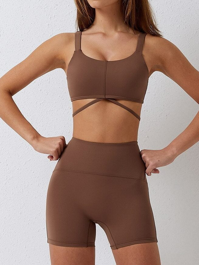 Sensual Strappy Sports Bra & High-Waisted Yoga Shorts 2-Piece Set - Perfect for Working Out or Lounging Around!