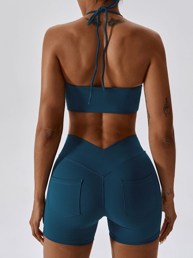 Sensuous Halter Neck Sports Bra & V-Shaped High Waist Shorts Set - Adjustable, Breathable, Comfortable, Supportive, Stylish, Stretchy, Form-Fitting, Flattering.