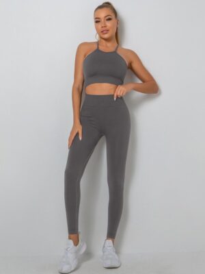 Sexy Spaghetti Strap Workout Bra & Flattering High Waisted Leggings Set - Perfect for Low Impact Exercise & Yoga!