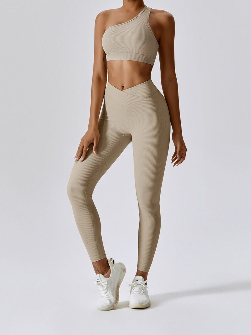 Sexy Womens Ribbed One-Shoulder Sports Bra & Elastic V-Waist Leggings Set - Perfect for Working Out or Lounging!