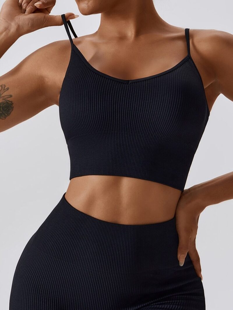 Sleek Ribbed Athletic Bra with Thin Spaghetti Straps for Maximum Comfort and Support