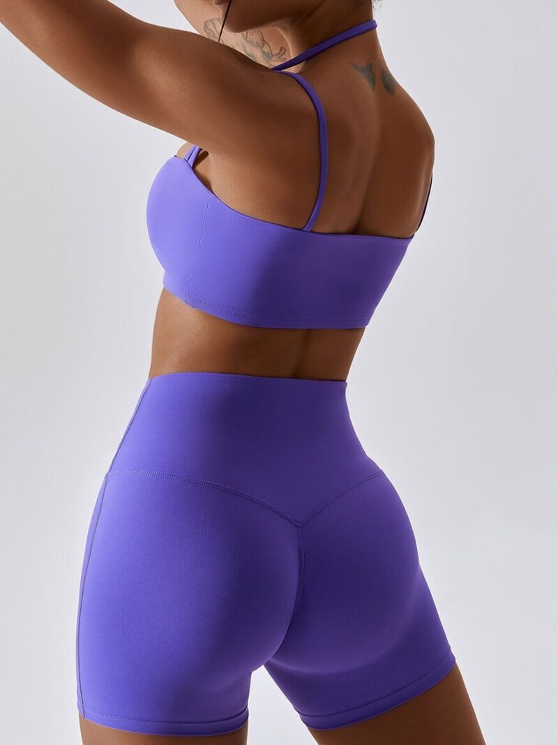 Sleek and Stylish Strappy Sports Bra & High-Rise Shorts Set - Perfect for Working Out or Lounging!