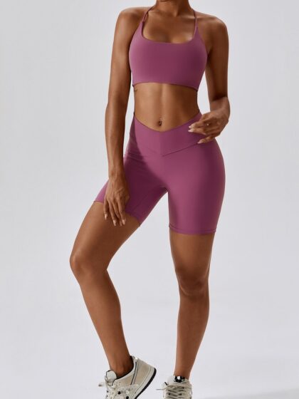 Sporty & Sexy: Backless Spaghetti Strap Sports Bra & V-Waist Scrunch Butt Workout Shorts