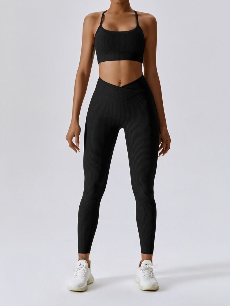 Sporty Chic Look: Ribbed Spaghetti Strap Sports Bra & Elastic V-Waist Leggings Set - Perfect for Yoga, Running & More!