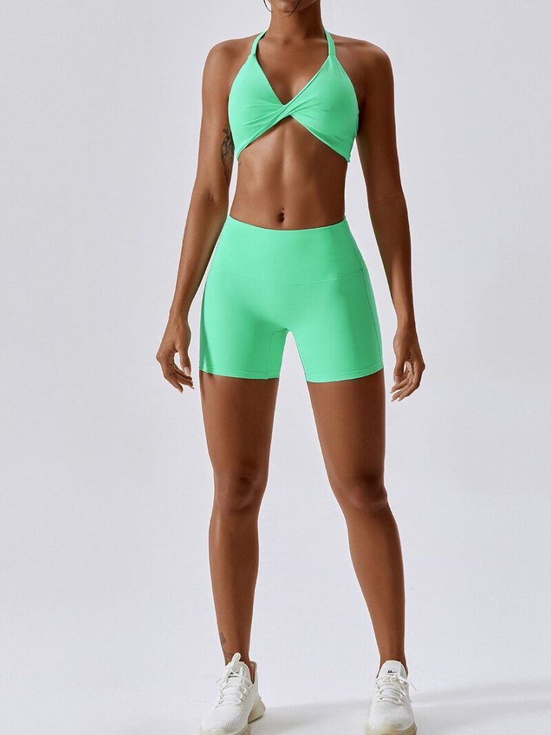 Sporty Halter Neck Backless Bra & High Waisted Shorts Set - Perfect for Working Out or Lounging!