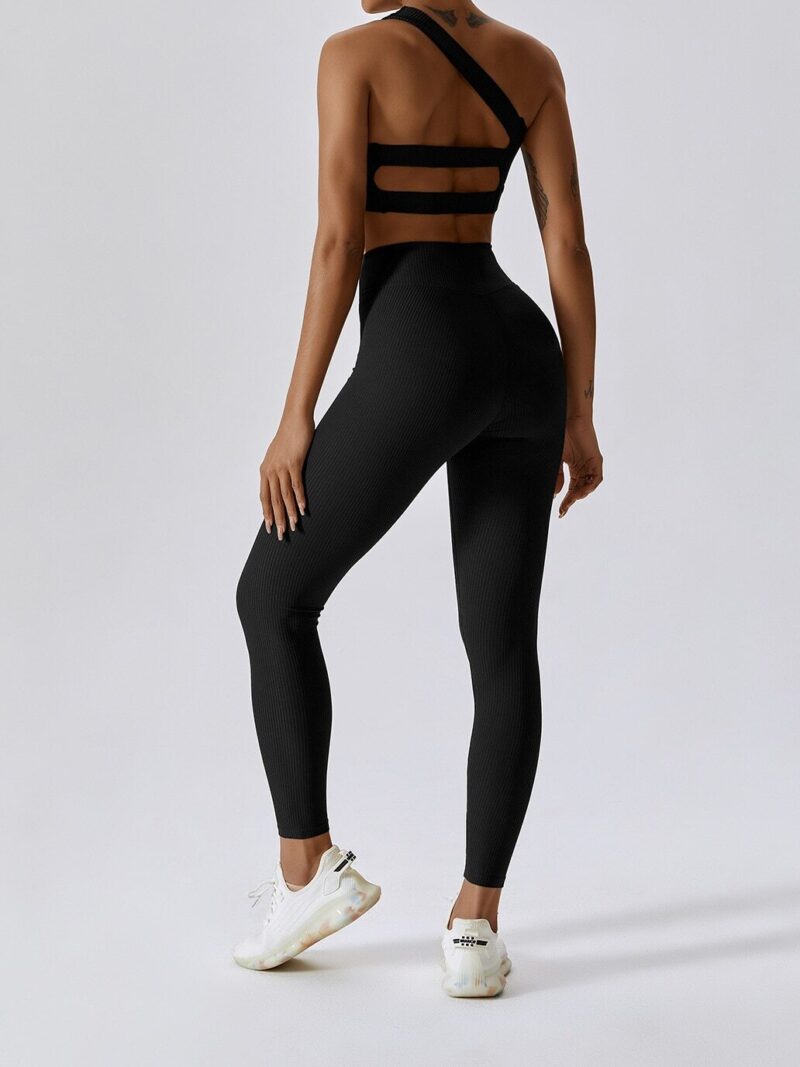 Stay Active in Style! Ribbed One-Shoulder Sports Bra & Elastic V-Waist Leggings Set - Show Off Your Moves!