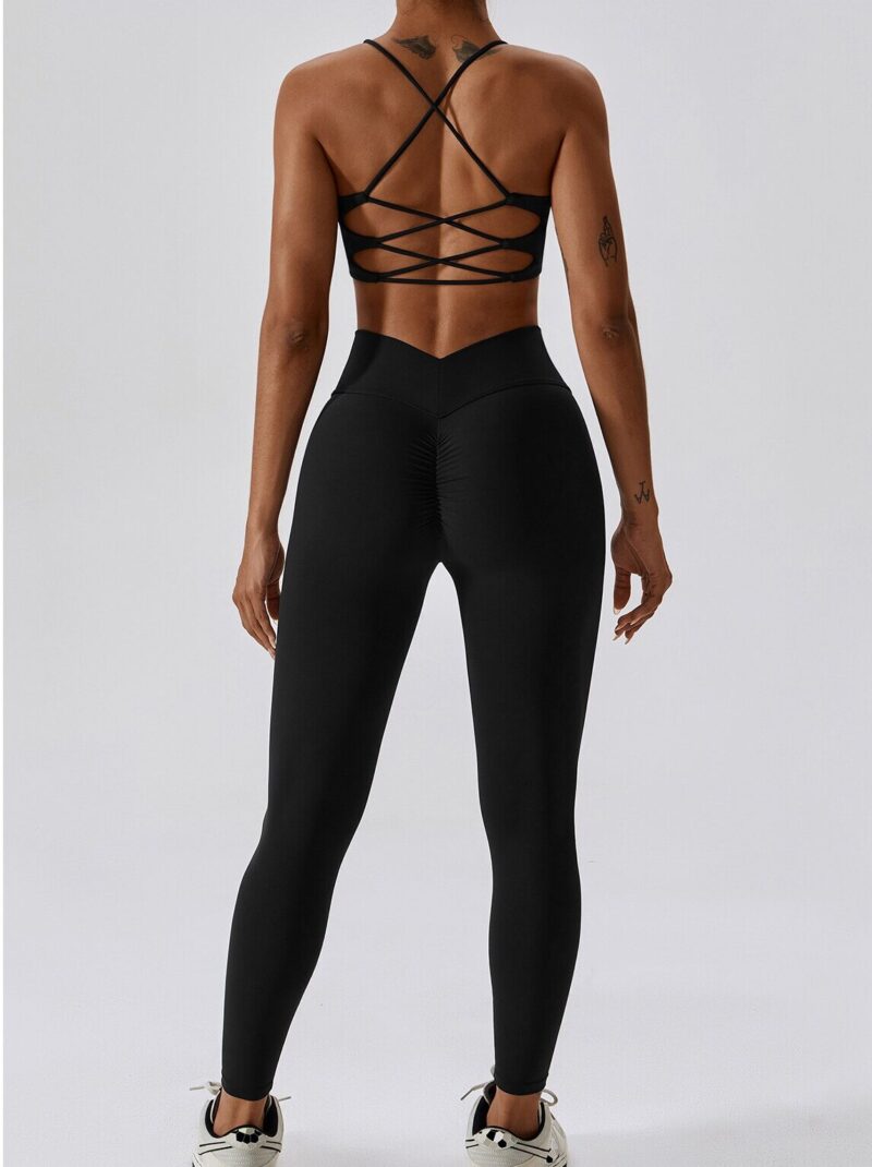 Stay Active in Style with our Backless Spaghetti Strap Sports Bra and V-Waist Scrunch Butt Leggings! Get a Flattering Look and Feel Confident While You Exercise.