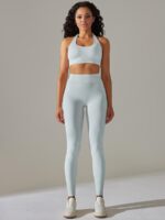 Stay Active in Style with this Breathable Comfort Halter Sports Bra & High Waisted Leggings Set!