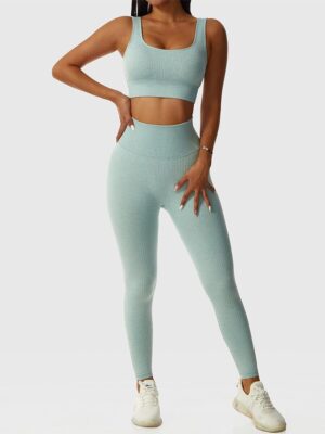 Stay Fit & Fabulous in this Seamless Ribbed Sports Bra & High-Waist Leggings Set - Perfect for Yoga, Running, or Jogging!