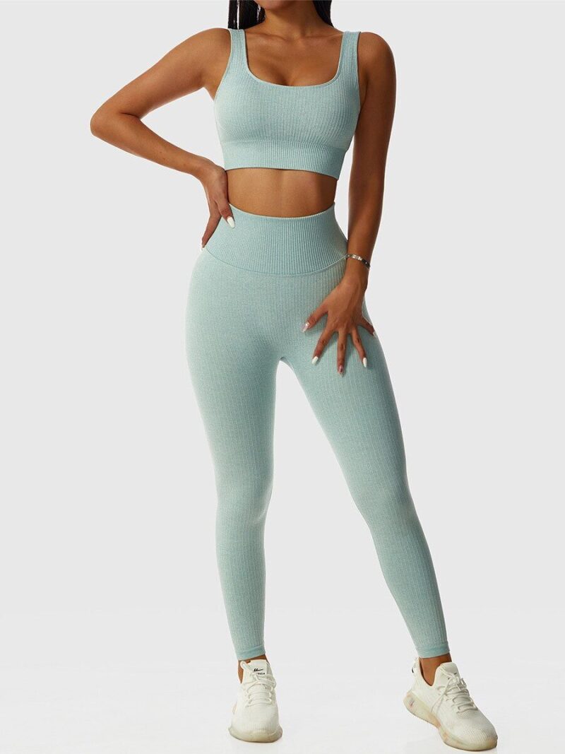Stay Fit & Fabulous in this Seamless Ribbed Sports Bra & High-Waist Leggings Set - Perfect for Yoga, Running, or Jogging!